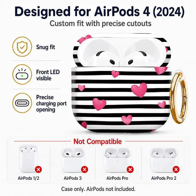 Alt view image 2 of 6 - Compatiable with AirPod 4 Protective Case 2024, Soft Protective Case with Keychain for Women,Cute& Sleek Design Shockproof Charging Case Cover for AirPod 4(Black White Stripes with Pink Hearts)