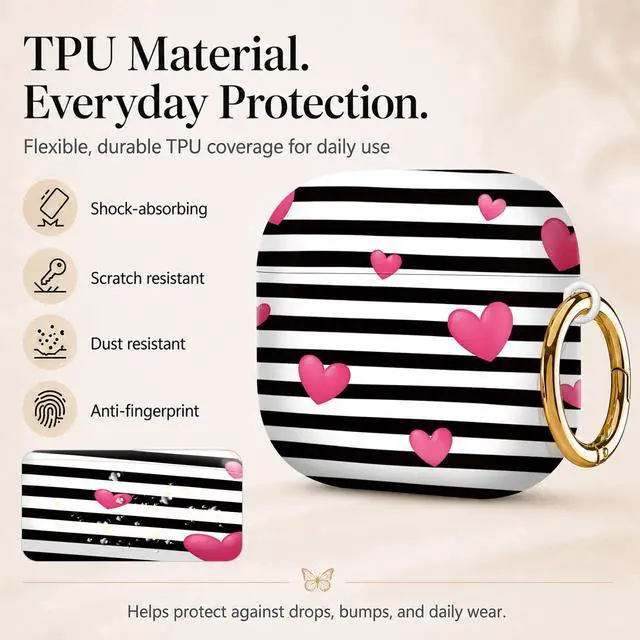 Alt view image 3 of 6 - Compatiable with AirPod 4 Protective Case 2024, Soft Protective Case with Keychain for Women,Cute& Sleek Design Shockproof Charging Case Cover for AirPod 4(Black White Stripes with Pink Hearts)