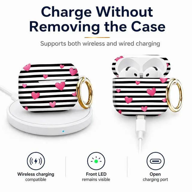Alt view image 4 of 6 - Compatiable with AirPod 4 Protective Case 2024, Soft Protective Case with Keychain for Women,Cute& Sleek Design Shockproof Charging Case Cover for AirPod 4(Black White Stripes with Pink Hearts)