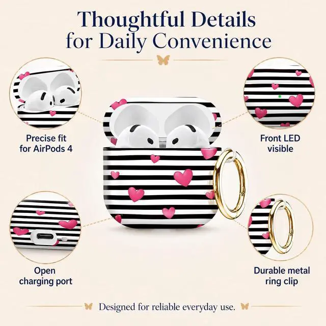 Alt view image 5 of 6 - Compatiable with AirPod 4 Protective Case 2024, Soft Protective Case with Keychain for Women,Cute& Sleek Design Shockproof Charging Case Cover for AirPod 4(Black White Stripes with Pink Hearts)