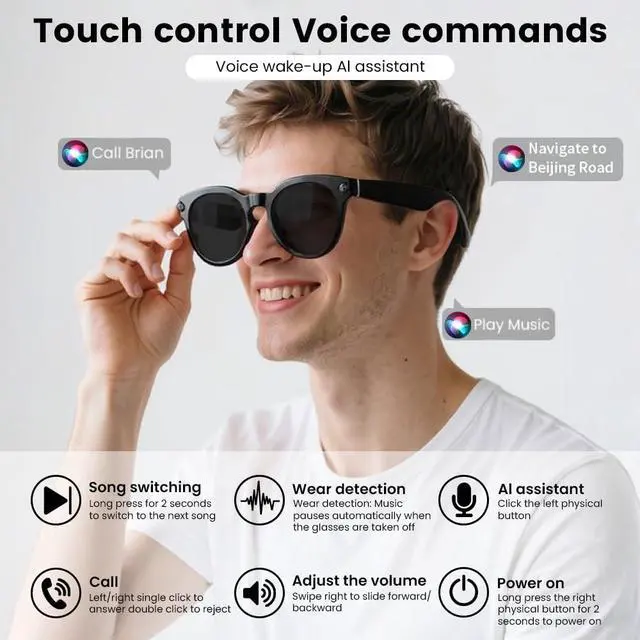 Alt view image 4 of 6 - Al Smart Glasses,8MP Camera Glasses with Real-Time Translation &Object Analysis HD 1080P Video Recording,No WiFi Required for Travel, Sports, Outdoor Use (Polarised Lens)