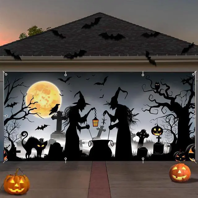 Main image of Halloween Garage Door Cover Banner 7x16ft Witch Graveyard Cemetery Cat Hanging Backdrop Decorations Scary Pumpkins Bats Background Mural for Home Outdoor Indoor Wall Window Yard