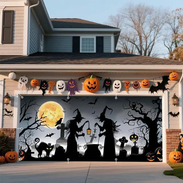 Alt view image 2 of 7 - Halloween Garage Door Cover Banner 7x16ft Witch Graveyard Cemetery Cat Hanging Backdrop Decorations Scary Pumpkins Bats Background Mural for Home Outdoor Indoor Wall Window Yard