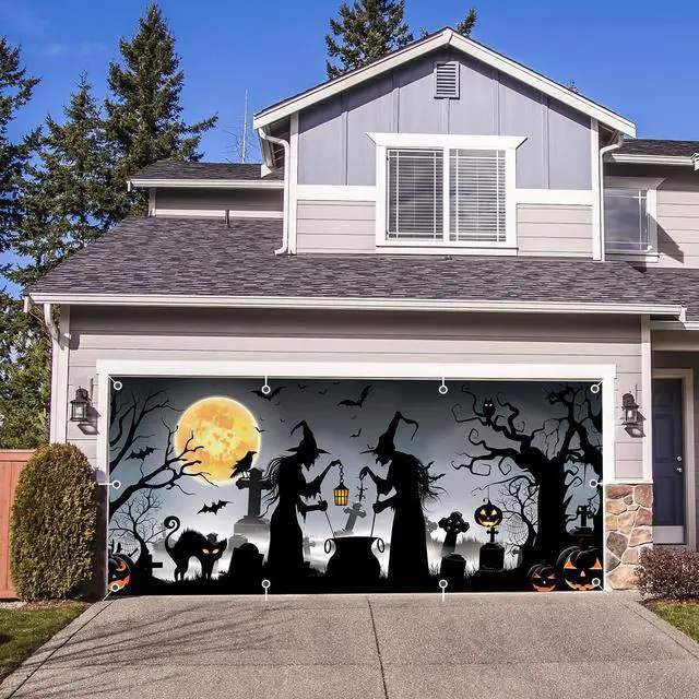 Alt view image 3 of 7 - Halloween Garage Door Cover Banner 7x16ft Witch Graveyard Cemetery Cat Hanging Backdrop Decorations Scary Pumpkins Bats Background Mural for Home Outdoor Indoor Wall Window Yard