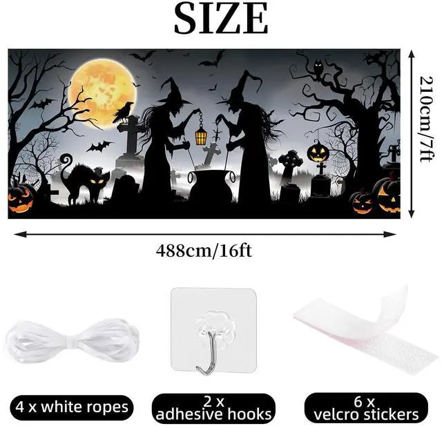Alt view image 4 of 7 - Halloween Garage Door Cover Banner 7x16ft Witch Graveyard Cemetery Cat Hanging Backdrop Decorations Scary Pumpkins Bats Background Mural for Home Outdoor Indoor Wall Window Yard