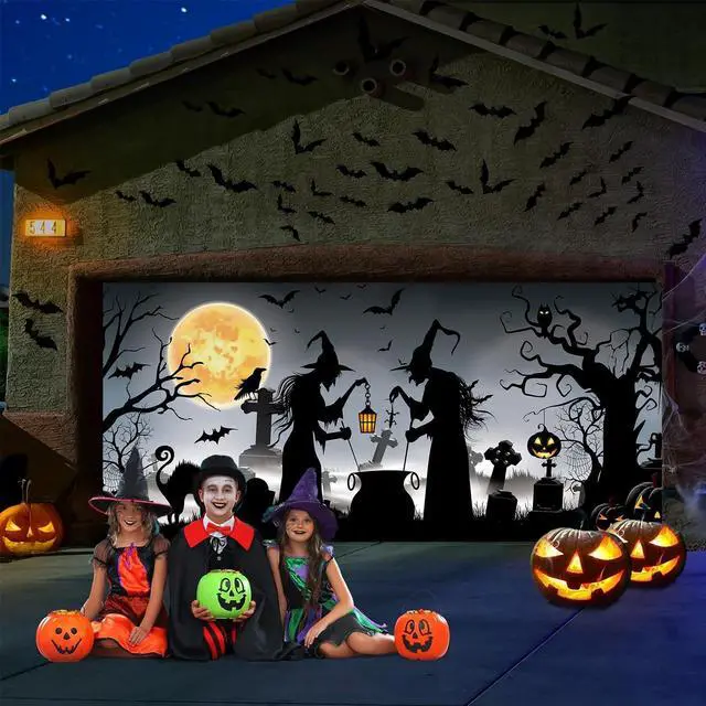 Alt view image 5 of 7 - Halloween Garage Door Cover Banner 7x16ft Witch Graveyard Cemetery Cat Hanging Backdrop Decorations Scary Pumpkins Bats Background Mural for Home Outdoor Indoor Wall Window Yard
