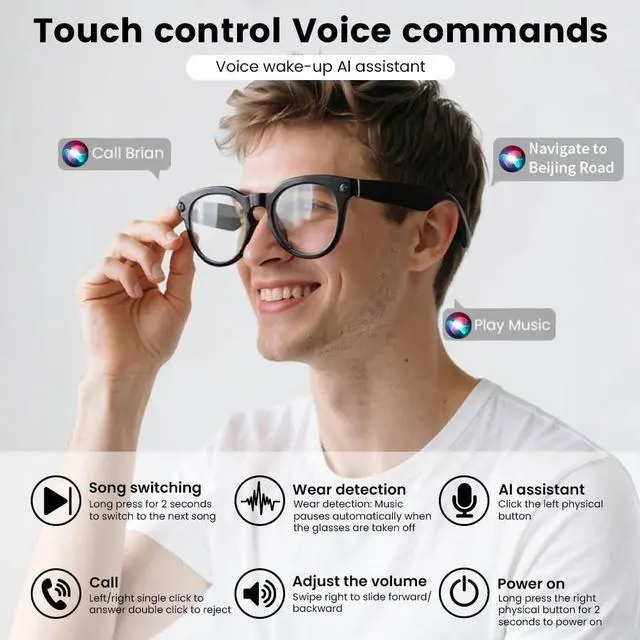 Alt view image 4 of 6 - Al Smart Glasses,8MP Camera Glasses with Real-Time Translation &Object Analysis HD 1080P Video Recording,No WiFi Required for Travel, Sports, Outdoor Use (Anti-Blue Light Lens)