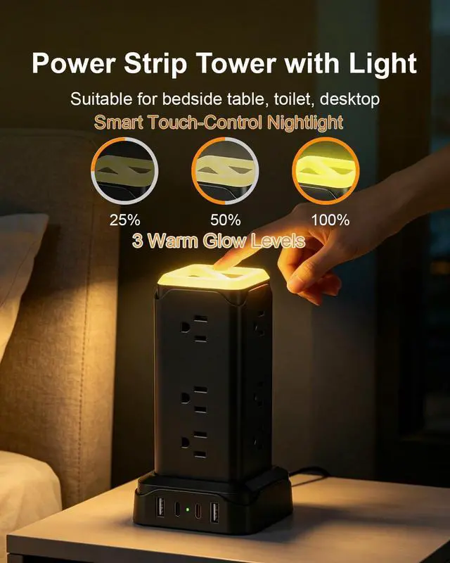 Alt view image 2 of 6 - Surge Protector Power Strip Tower with Touch LED Night Lights, 6Ft Extension Cord with Multiple 12 AC Outlets, 4 USB Ports (2 USB C) Charging Station, Black