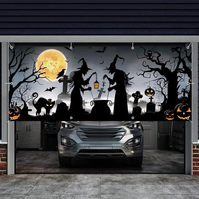 Alt view image 6 of 7 - Halloween Garage Door Cover Banner 7x16ft Witch Graveyard Cemetery Cat Hanging Backdrop Decorations Scary Pumpkins Bats Background Mural for Home Outdoor Indoor Wall Window Yard