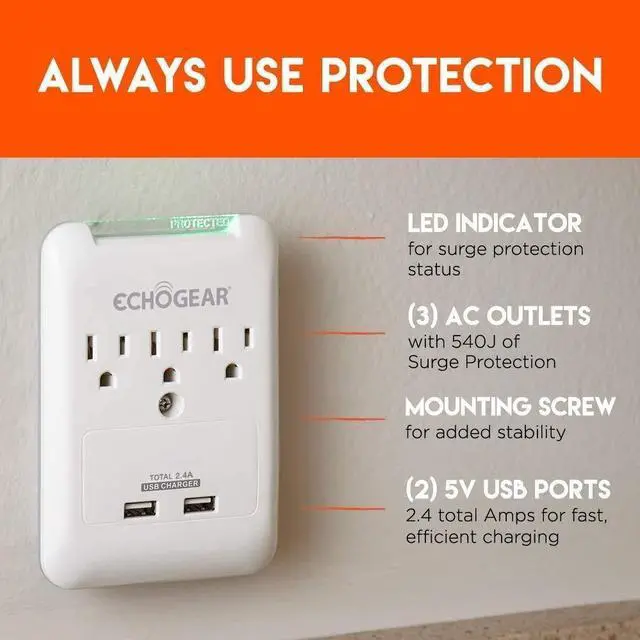 Alt view image 2 of 6 - Outlet Extender Multiplug 2 Pack with 3 AC Outlets & 2 USB Ports Low Profile Design Sits Just 1.1" from Wall - Protects Your Gear with 540 Joules of Surge Protection