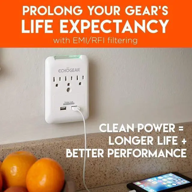Alt view image 4 of 6 - Outlet Extender Multiplug 2 Pack with 3 AC Outlets & 2 USB Ports Low Profile Design Sits Just 1.1" from Wall - Protects Your Gear with 540 Joules of Surge Protection