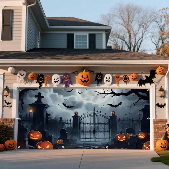 Alt view image 2 of 7 - Halloween Garage Door Cover Banner 7x16ft Large Halloween Garage Door Decorations Scary Graveyard Cemetery Backdrop Background for Indoor Outdoor Wall Decor