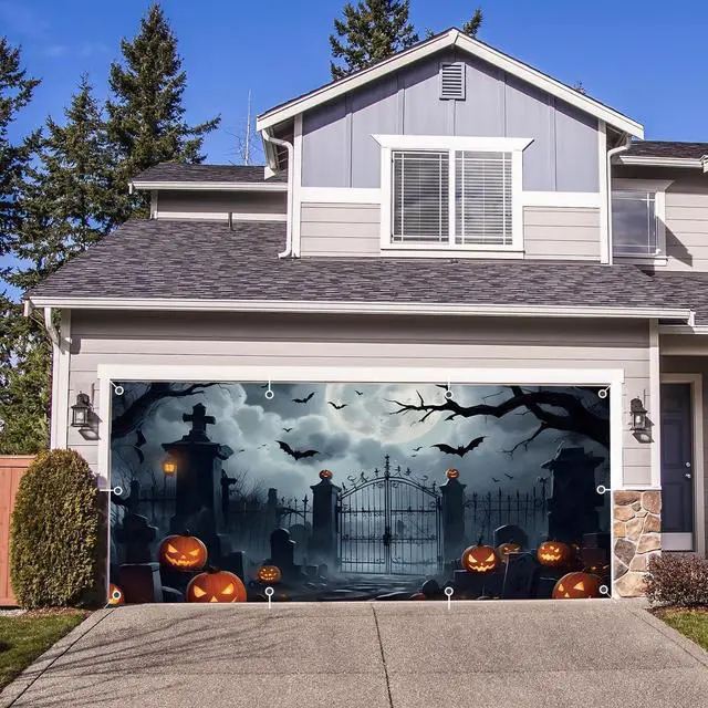 Alt view image 3 of 7 - Halloween Garage Door Cover Banner 7x16ft Large Halloween Garage Door Decorations Scary Graveyard Cemetery Backdrop Background for Indoor Outdoor Wall Decor
