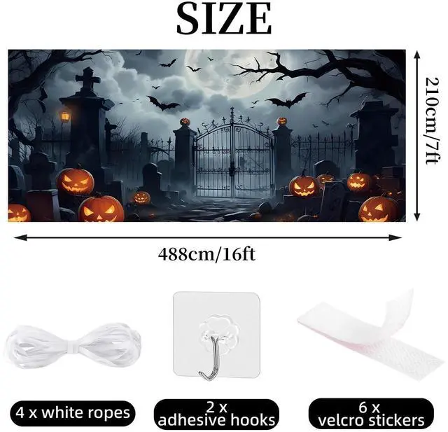 Alt view image 4 of 7 - Halloween Garage Door Cover Banner 7x16ft Large Halloween Garage Door Decorations Scary Graveyard Cemetery Backdrop Background for Indoor Outdoor Wall Decor