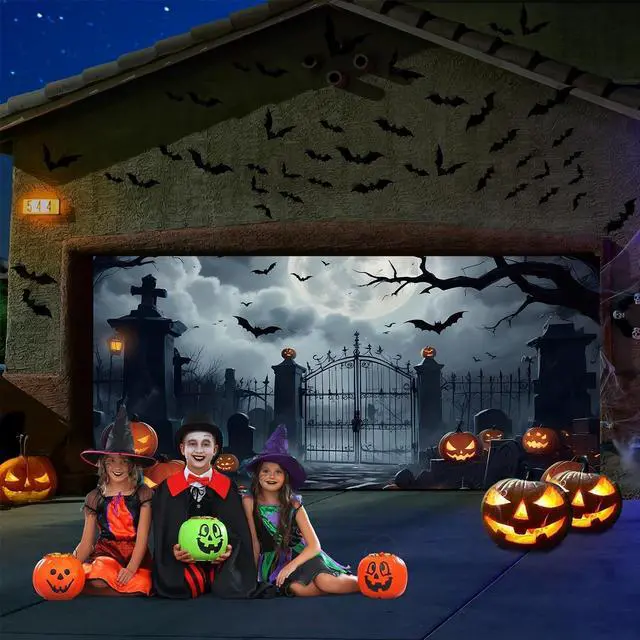 Alt view image 5 of 7 - Halloween Garage Door Cover Banner 7x16ft Large Halloween Garage Door Decorations Scary Graveyard Cemetery Backdrop Background for Indoor Outdoor Wall Decor