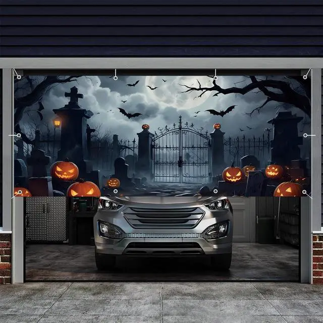 Alt view image 6 of 7 - Halloween Garage Door Cover Banner 7x16ft Large Halloween Garage Door Decorations Scary Graveyard Cemetery Backdrop Background for Indoor Outdoor Wall Decor