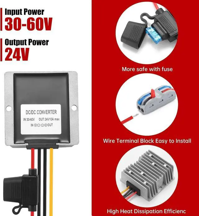 Alt view image 2 of 7 - 30-60V to 24V 10A 240W Waterproof DC-DC Buck Converter with Fuse | Step Down Regulator For Automotive, Led Lights, Construction Sites, Tools