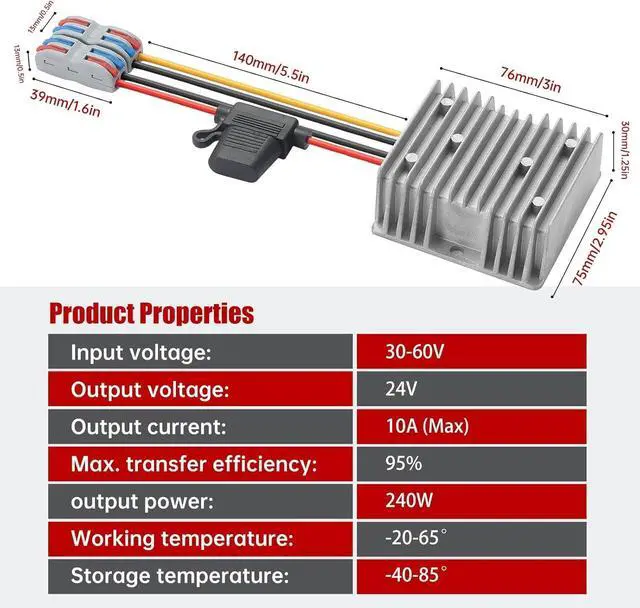 Alt view image 7 of 7 - 30-60V to 24V 10A 240W Waterproof DC-DC Buck Converter with Fuse | Step Down Regulator For Automotive, Led Lights, Construction Sites, Tools
