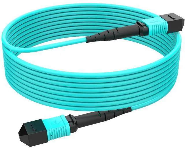 Main image of OM3 MPO-MPO Fiber Optic Cable 12-Fiber, Type B, 16.4ft/5m | Multi-Mode Fiber Patch Cable Female to Female, Compatible with QSFP+ & QSFP28, MTP, GPON/EPON, Low Loss, LSZH, Aqua