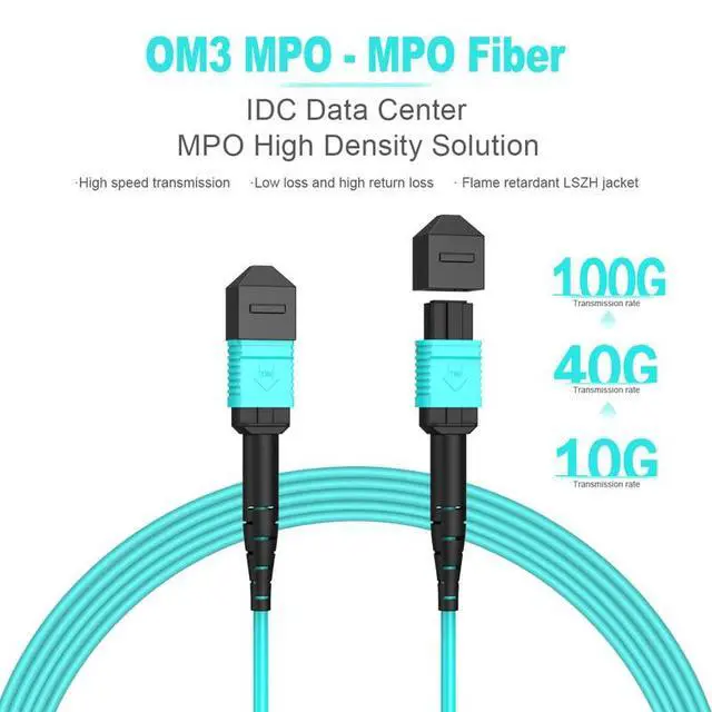 Alt view image 2 of 7 - OM3 MPO-MPO Fiber Optic Cable 12-Fiber, Type B, 16.4ft/5m | Multi-Mode Fiber Patch Cable Female to Female, Compatible with QSFP+ & QSFP28, MTP, GPON/EPON, Low Loss, LSZH, Aqua