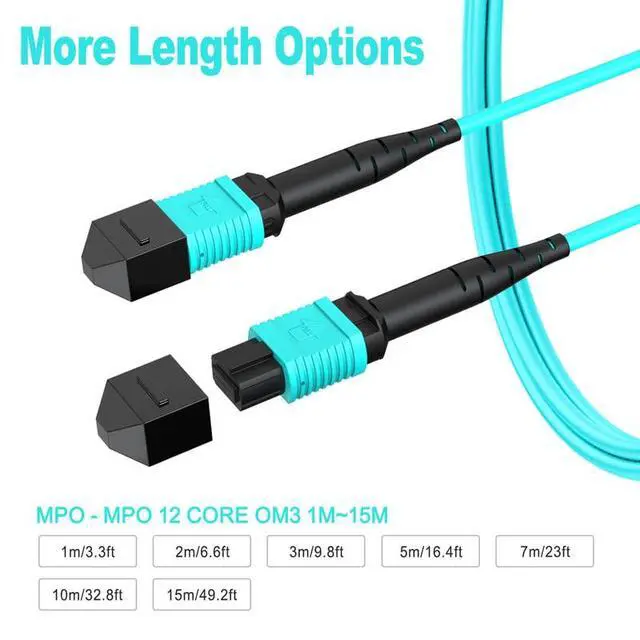 Alt view image 4 of 7 - OM3 MPO-MPO Fiber Optic Cable 12-Fiber, Type B, 16.4ft/5m | Multi-Mode Fiber Patch Cable Female to Female, Compatible with QSFP+ & QSFP28, MTP, GPON/EPON, Low Loss, LSZH, Aqua