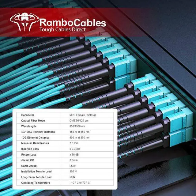 Alt view image 7 of 7 - OM3 MPO-MPO Fiber Optic Cable 12-Fiber, Type B, 16.4ft/5m | Multi-Mode Fiber Patch Cable Female to Female, Compatible with QSFP+ & QSFP28, MTP, GPON/EPON, Low Loss, LSZH, Aqua