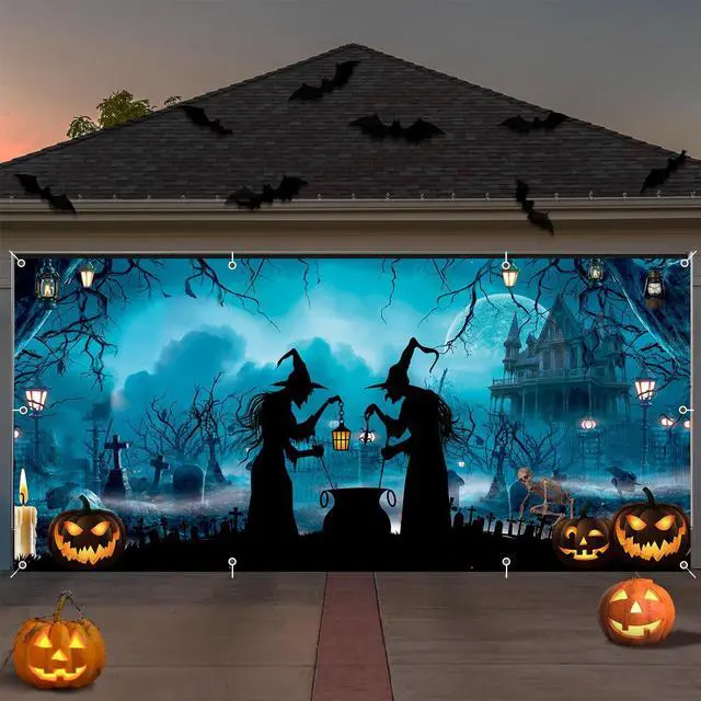 Main image of Halloween Garage Door Cover Banner 7x16ft Haunted House Witch Scary Graveyard Cemetery Decorations Backdrop Background for Outdoor Indoor Holiday Party Wall Home Window Yard