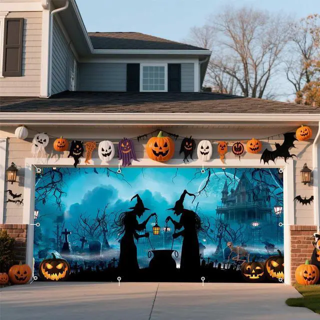 Alt view image 2 of 7 - Halloween Garage Door Cover Banner 7x16ft Haunted House Witch Scary Graveyard Cemetery Decorations Backdrop Background for Outdoor Indoor Holiday Party Wall Home Window Yard
