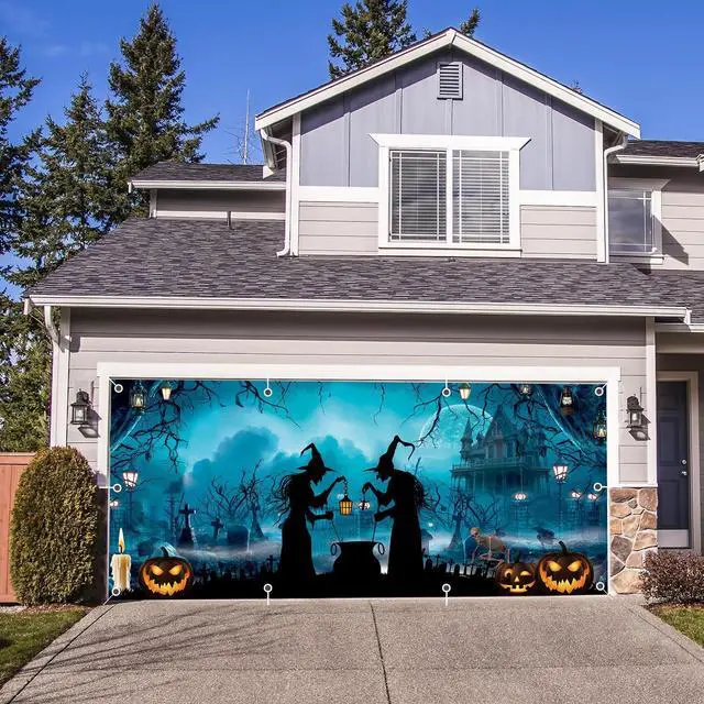 Alt view image 3 of 7 - Halloween Garage Door Cover Banner 7x16ft Haunted House Witch Scary Graveyard Cemetery Decorations Backdrop Background for Outdoor Indoor Holiday Party Wall Home Window Yard