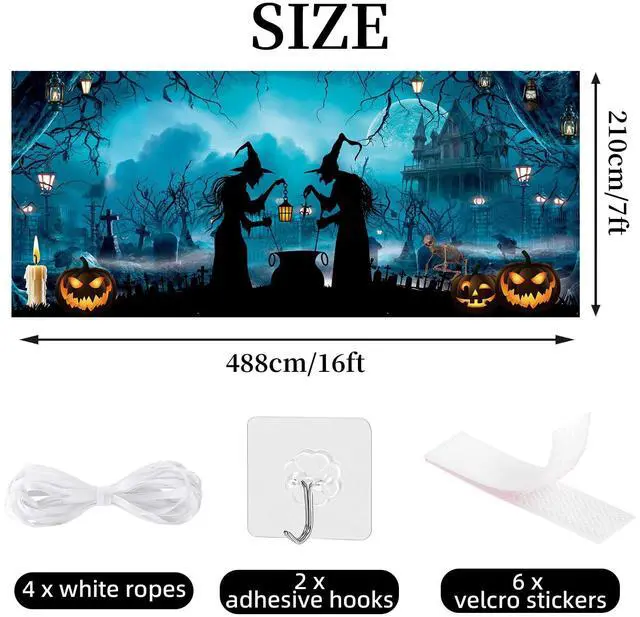 Alt view image 4 of 7 - Halloween Garage Door Cover Banner 7x16ft Haunted House Witch Scary Graveyard Cemetery Decorations Backdrop Background for Outdoor Indoor Holiday Party Wall Home Window Yard