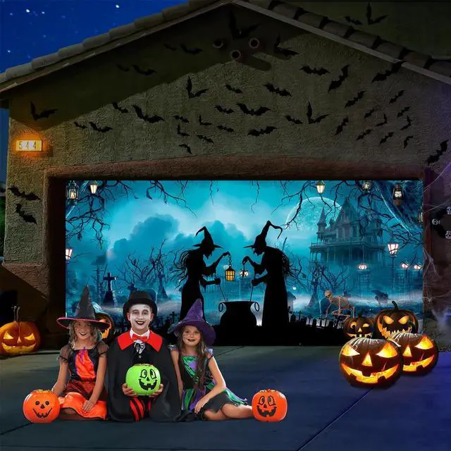 Alt view image 5 of 7 - Halloween Garage Door Cover Banner 7x16ft Haunted House Witch Scary Graveyard Cemetery Decorations Backdrop Background for Outdoor Indoor Holiday Party Wall Home Window Yard