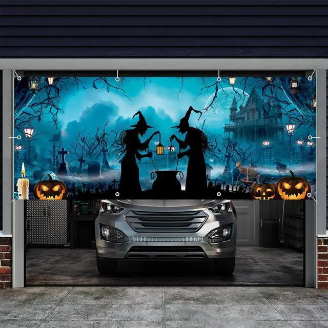 Alt view image 6 of 7 - Halloween Garage Door Cover Banner 7x16ft Haunted House Witch Scary Graveyard Cemetery Decorations Backdrop Background for Outdoor Indoor Holiday Party Wall Home Window Yard