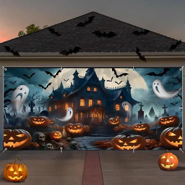 Main image of Halloween Garage Door Cover Banner 7x16ft Haunted House Pumpkin Lantern Ghost Backdrop Decorations Scary Graveyard Cemetery Background for Outdoor Home Yard Garage Door Decor