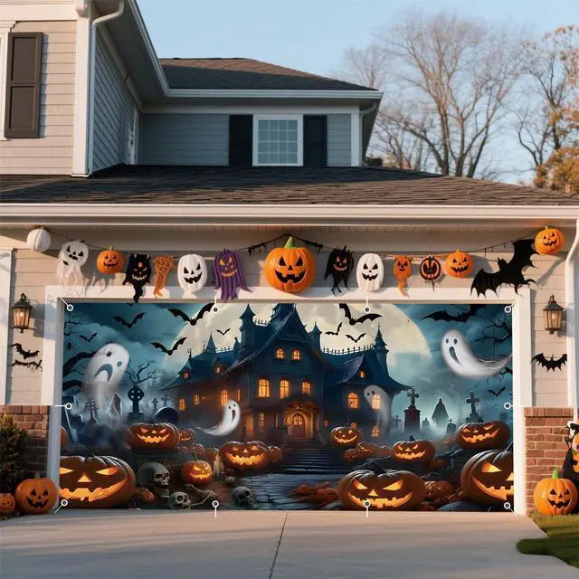 Alt view image 2 of 7 - Halloween Garage Door Cover Banner 7x16ft Haunted House Pumpkin Lantern Ghost Backdrop Decorations Scary Graveyard Cemetery Background for Outdoor Home Yard Garage Door Decor