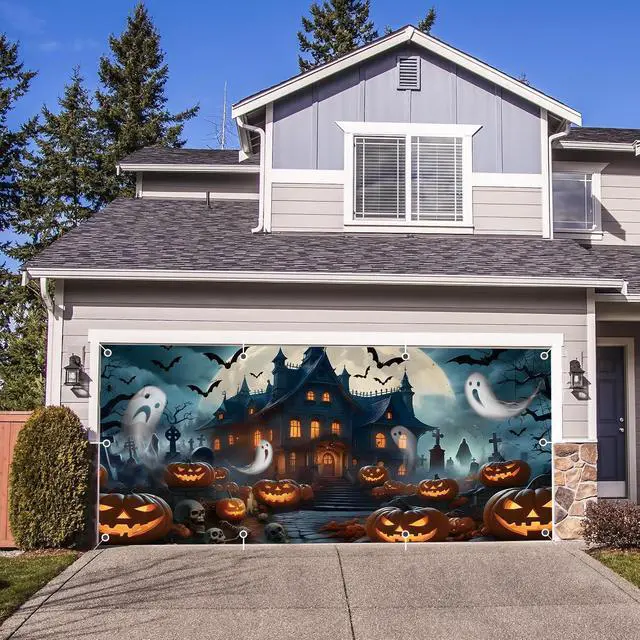 Alt view image 3 of 7 - Halloween Garage Door Cover Banner 7x16ft Haunted House Pumpkin Lantern Ghost Backdrop Decorations Scary Graveyard Cemetery Background for Outdoor Home Yard Garage Door Decor