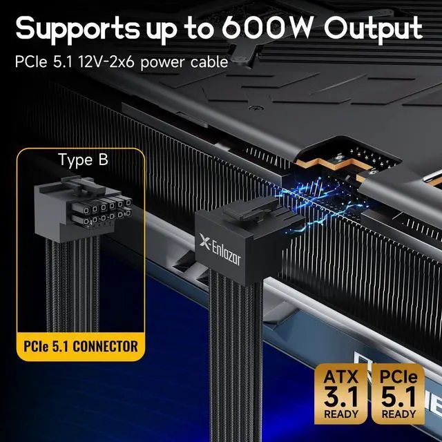 Alt view image 2 of 7 - X-Enlazar 12V-2x6 PCIe 5.1 GPU Cable (600W) - 90-Degree Connector, Individually Sleeved with Braiding & Combs, 16AWG Wire, 600mm Length, Type-B Connector - Black