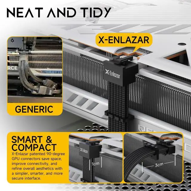Alt view image 6 of 7 - X-Enlazar 12V-2x6 PCIe 5.1 GPU Cable (600W) - 90-Degree Connector, Individually Sleeved with Braiding & Combs, 16AWG Wire, 600mm Length, Type-B Connector - Black