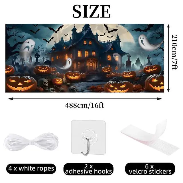 Alt view image 4 of 7 - Halloween Garage Door Cover Banner 7x16ft Haunted House Pumpkin Lantern Ghost Backdrop Decorations Scary Graveyard Cemetery Background for Outdoor Home Yard Garage Door Decor