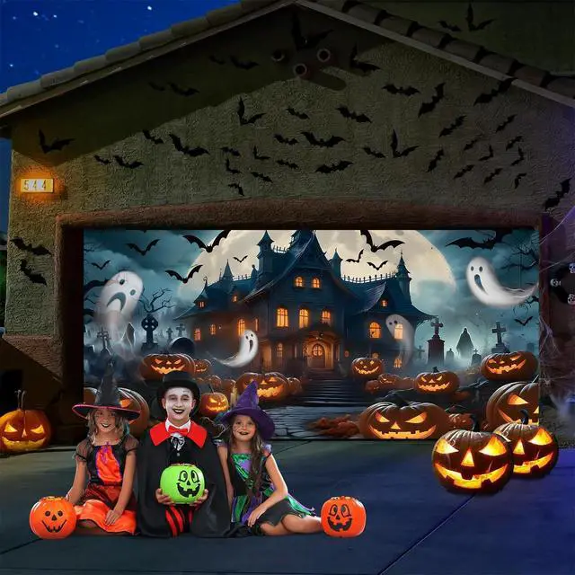 Alt view image 5 of 7 - Halloween Garage Door Cover Banner 7x16ft Haunted House Pumpkin Lantern Ghost Backdrop Decorations Scary Graveyard Cemetery Background for Outdoor Home Yard Garage Door Decor