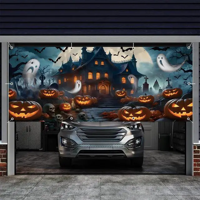 Alt view image 6 of 7 - Halloween Garage Door Cover Banner 7x16ft Haunted House Pumpkin Lantern Ghost Backdrop Decorations Scary Graveyard Cemetery Background for Outdoor Home Yard Garage Door Decor