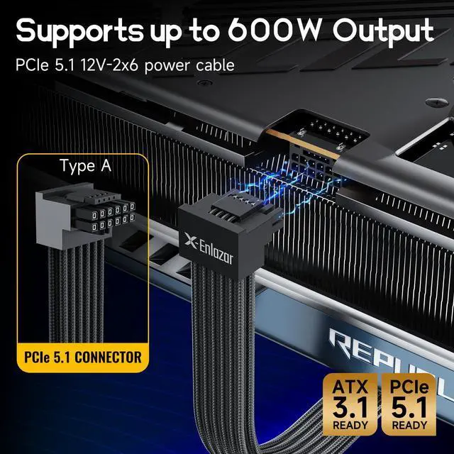 Alt view image 2 of 7 - 12V-2x6 PCIe 5.1 GPU Cable (600W) - 90-Degree Connector, Individually Sleeved with Braiding & Combs, 16AWG Wire, 600mm Length, Type-A Connector - Black