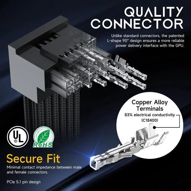 Alt view image 3 of 7 - 12V-2x6 PCIe 5.1 GPU Cable (600W) - 90-Degree Connector, Individually Sleeved with Braiding & Combs, 16AWG Wire, 600mm Length, Type-A Connector - Black