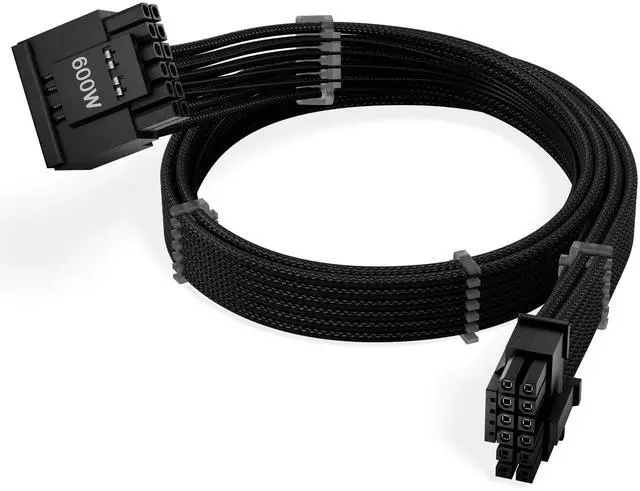 Main image of 12V-2x6 PCIe 5.1 GPU Cable (600W) - 90-Degree Connector, Individually Sleeved with Braiding & Combs, 16AWG Wire, 600mm Length, Type-A Connector - Black