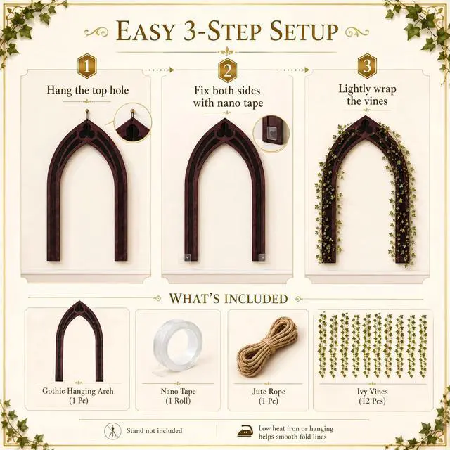 Alt view image 3 of 6 - 7ft Gothic Arch Backdrop with Ivy Vines, Oxford Fabric Archway Background Reusable Arch Decor for Reading Stage Background, Park Theater Shows, Mystical Ring Birthday Party Photoshoot Decorations