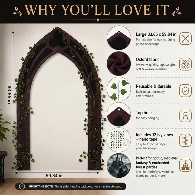 Alt view image 4 of 6 - 7ft Gothic Arch Backdrop with Ivy Vines, Oxford Fabric Archway Background Reusable Arch Decor for Reading Stage Background, Park Theater Shows, Mystical Ring Birthday Party Photoshoot Decorations