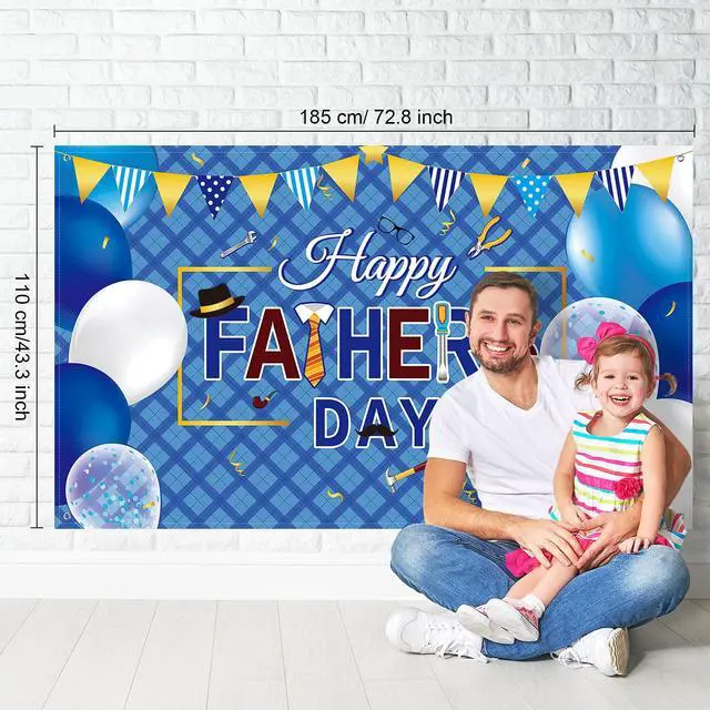 Alt view image 2 of 7 - Happy Father's Day Banner Decorations, 73"x43" Large Fabric Polyester Sign with 6m Rope, Father's Day Party Backdrop for Indoor Outdoor Yard Decor
