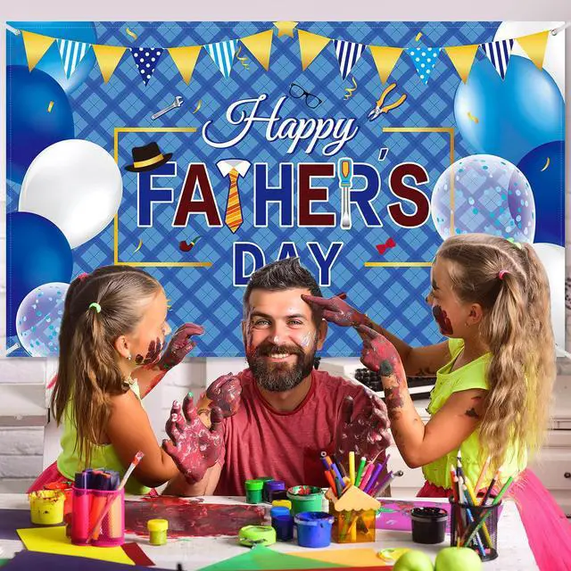 Alt view image 4 of 7 - Happy Father's Day Banner Decorations, 73"x43" Large Fabric Polyester Sign with 6m Rope, Father's Day Party Backdrop for Indoor Outdoor Yard Decor