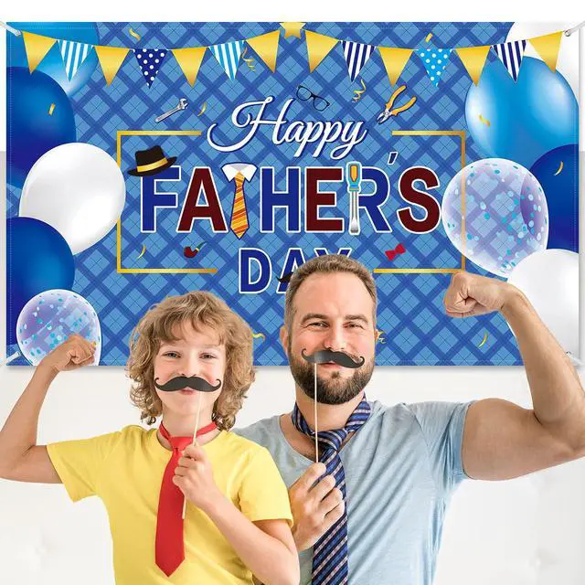 Alt view image 5 of 7 - Happy Father's Day Banner Decorations, 73"x43" Large Fabric Polyester Sign with 6m Rope, Father's Day Party Backdrop for Indoor Outdoor Yard Decor