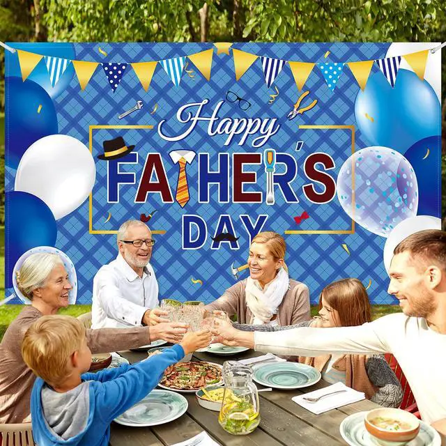 Alt view image 6 of 7 - Happy Father's Day Banner Decorations, 73"x43" Large Fabric Polyester Sign with 6m Rope, Father's Day Party Backdrop for Indoor Outdoor Yard Decor