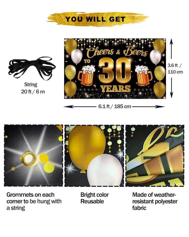 Alt view image 2 of 6 - Cheers & Beers to 30 Years Backdrop Banner, Happy 30th Birthday Decorations for Men Women, 30th Anniversary Decor, Black Gold 30 Year Old Birthday Party Sign Poster Supplies, 6.1ft x 3.6ft